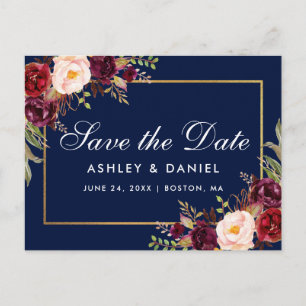 Elegantes Burgunderblumengoldblau Save the Date Ankündigungspostkarte