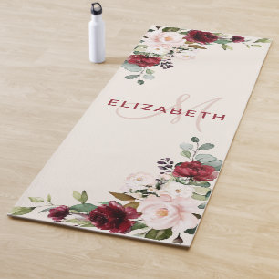 Elegantes Burgunderrot-Blush-Wasserfarben-Floralmo Yogamatte