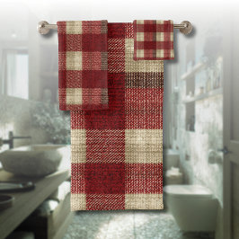 Elegantes Burgunderrot Elfenbein Rostrot Karomuste Badhandtuch Set