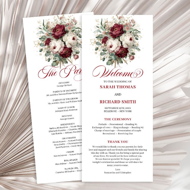 Elegantes Burgunderrot-Hochzeitsprogramm mit rosaf Programm (Sophisticated Blush Burgundy Wedding Program)