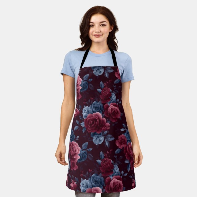 Elegantes Burgunderrot Navy Blumenmuster Schürze (Getragen)