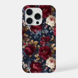 Elegantes Burgunderrot-Rosen-Navy-Blumenmuster iPhone 15 Pro Hülle