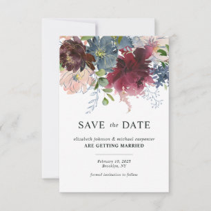Elegantes Burgunderrot Staubblau Florales Wasserfa Save The Date