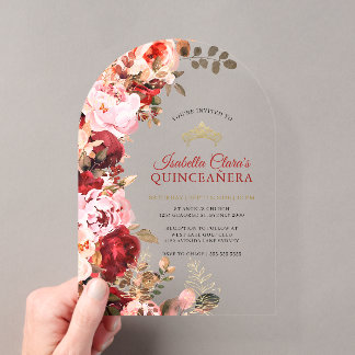 Elegantes burgunderrotes Blumen- Quinceanera mit G Acryleinladungen