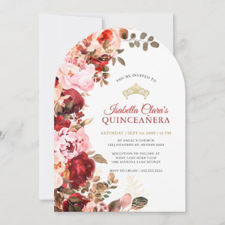 Elegantes burgunderrotes Blumen- Quinceanera mit G Einladung