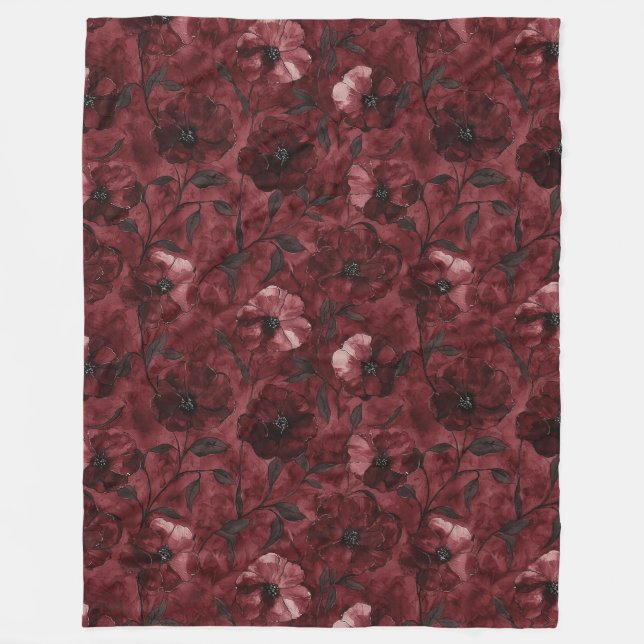 Elegantes burgunderrotes Blumenmuster Fleecedecke (Vorderseite)