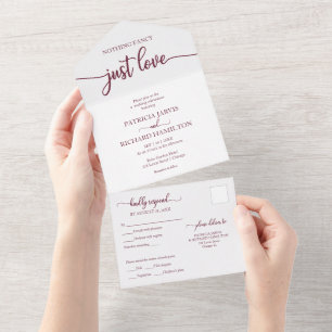 Elegantes burgunderrotes Hochzeitsbriefpapier mit All In One Einladung