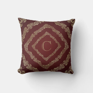 Elegantes burgunderrotes und goldenes Monogramm Bu Kissen