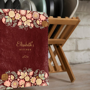 Elegantes burgunderrotes Vintage-Blumenmuster Geschirrtuch