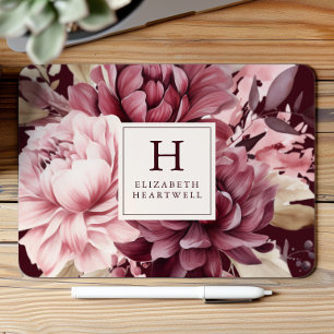 Elegantes burgunderrotes Wasserfarben-Blumenmonogr Mousepad