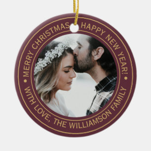 Elegantes burgunderrotes Weihnachts-Monogramm-Foto Keramik Ornament