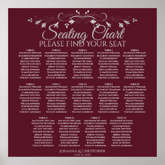 Elegantes Burgundy 14 Table Wedding Seating Chart Poster