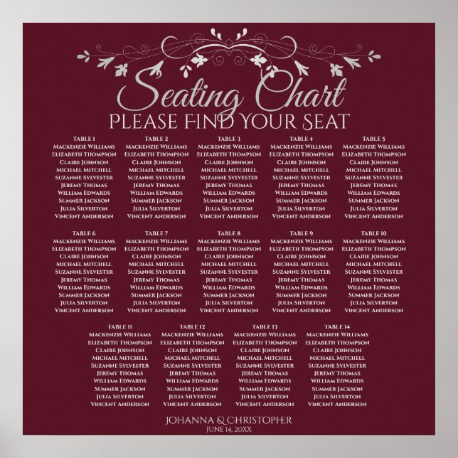 Elegantes Burgundy 14 Table Wedding Seating Chart Poster (Vorne)