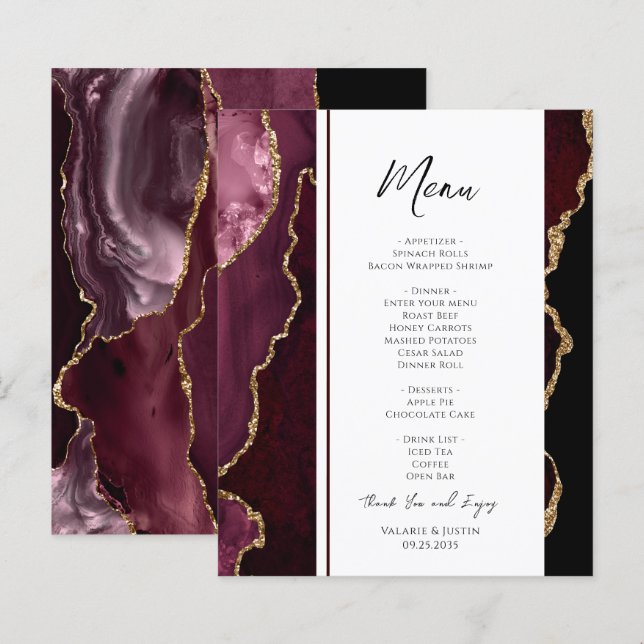 Elegantes Burgundy Agate Event Menu (Vorne/Hinten)
