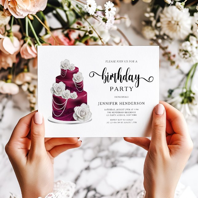 Elegantes Burgundy Birthday Cake Party Einladung (Elegant Burgundy Birthday Cake Party Invitation)