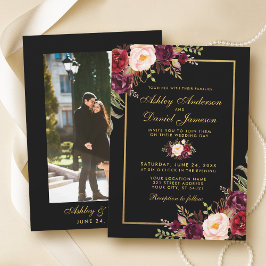 Elegantes Burgundy Bloral Black Gold Foto Hochzeit Einladung