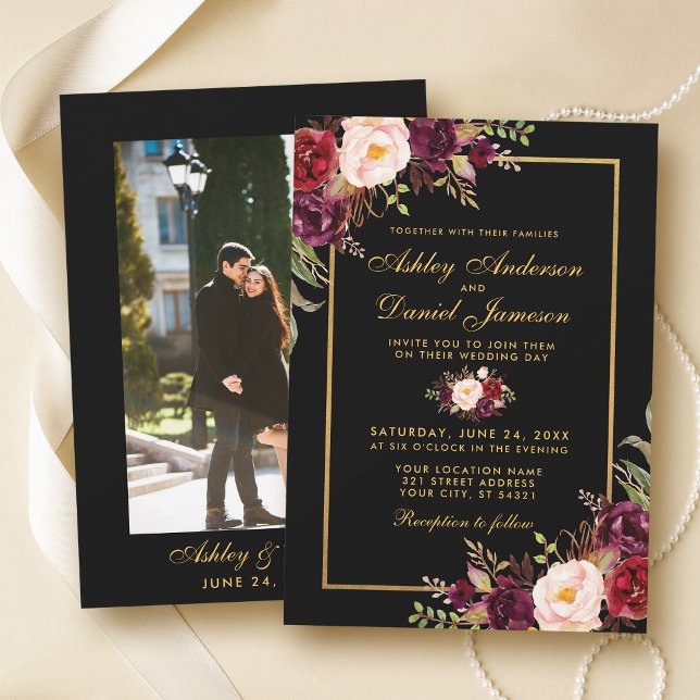 Elegantes Burgundy Bloral Black Gold Foto Hochzeit Einladung (Customize to change text size or style.)