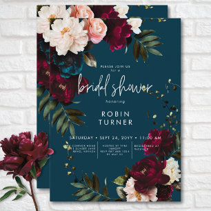 Elegantes Burgundy & Blue Floral Brautparty Einladung
