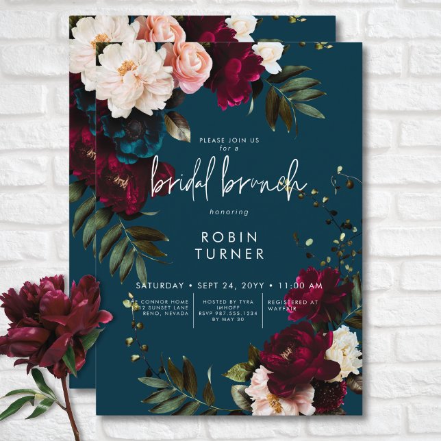 Elegantes Burgundy & Blue Floral Bridal Brunch Einladung (Elegant Burgundy & Blue Floral Bridal Brunch Invitation)