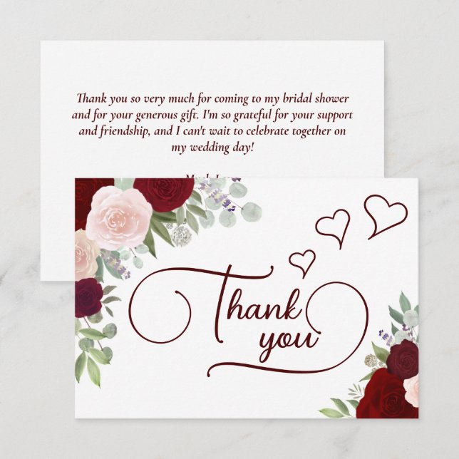 Elegantes Burgundy & Blush Boho Rose Brautparty Dankeskarte (Vorne/Hinten)