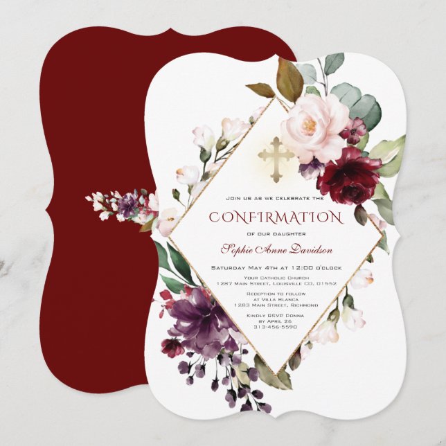 Elegantes Burgundy Blush Floral Cross Bestätigung Einladung (Vorne/Hinten)
