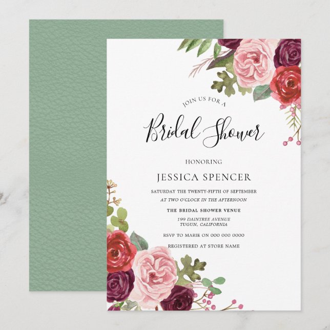 Elegantes Burgundy Blush Mint Brautparty laden ein Einladung (Vorne/Hinten)