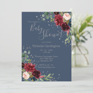 Elegantes Burgundy Blush Pink Floral Blue Baby Einladung