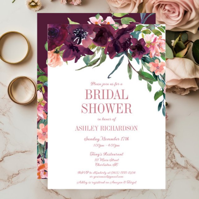 Elegantes Burgundy Blush Pink Floral Brautparty Einladung (Burgundy & Blush Floral Autumn Bridal Shower Invitation)