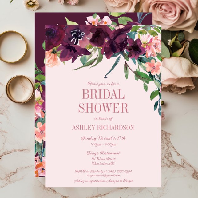 Elegantes Burgundy Blush Pink Floral Brautparty Einladung (Burgundy Blush Floral Fall Bridal Shower Invitation)