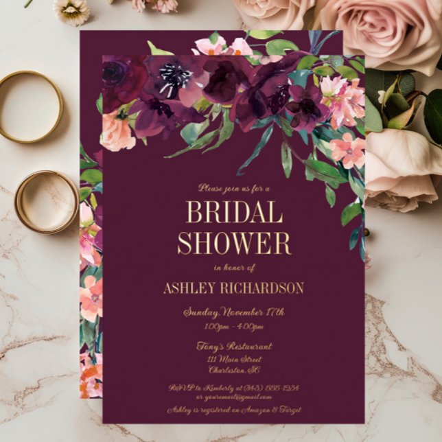 Elegantes Burgundy Blush Pink Floral Brautparty Folieneinladung (Burgundy & Blush Floral Autumn Bridal Shower Foil Invitation)