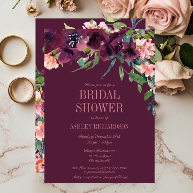 Elegantes Burgundy Blush Pink Floral Brautparty I Einladung (Burgundy Blush Floral Fall Bridal Shower Invitation)