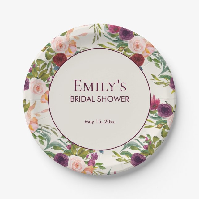 Elegantes Burgundy Blush Pink Floral Brautparty Pappteller (Vorderseite)