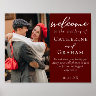 Elegantes Burgundy Couple Foto Wedding Willkommen Poster