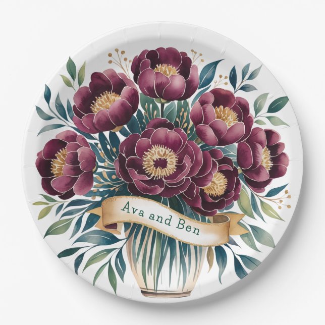Elegantes Burgundy & Emerald Peony mit Goldakzent Pappteller (Vorderseite)
