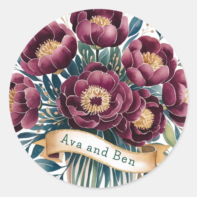 Elegantes Burgundy & Emerald Peony mit Goldakzent Runder Aufkleber (Vorderseite)