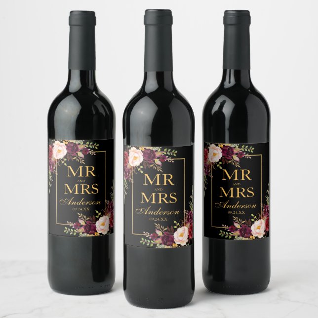 Elegantes Burgundy Floral Black Gold Weinetikett (Flaschen)