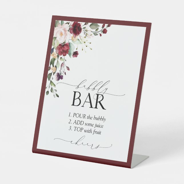 Elegantes Burgundy Floral Brautparty Bubbly Bar Sockelschild (Vorderseite)