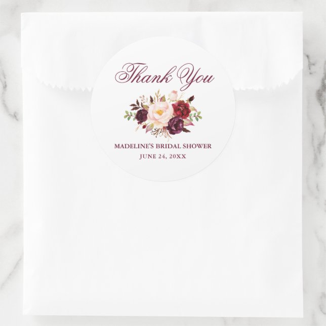 Elegantes Burgundy Floral Brautparty Runder Aufkleber (Tasche)
