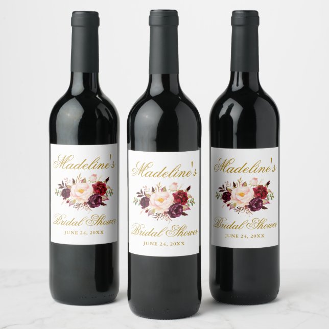 Elegantes Burgundy Floral Brautparty Weinetikett (Flaschen)