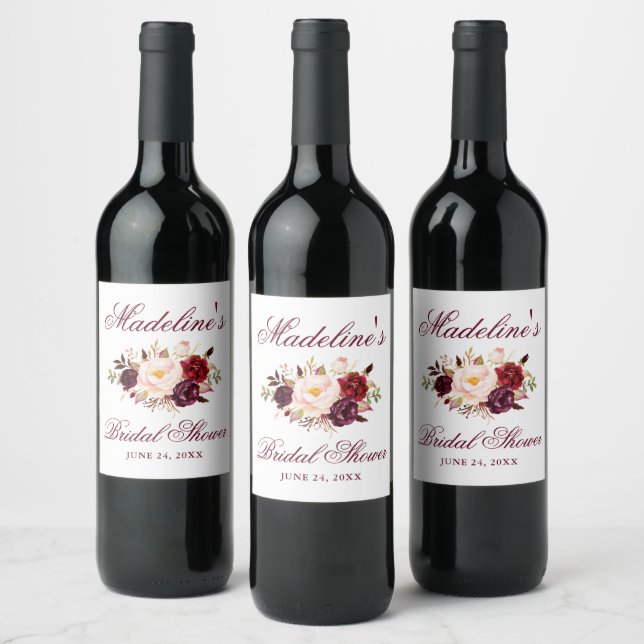 Elegantes Burgundy Floral Brautparty Weinetikett (Flaschen)