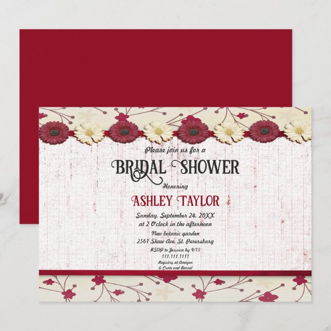 Elegantes Burgundy Floral Frame Summer Brautparty Einladung (Vorne/Hinten)
