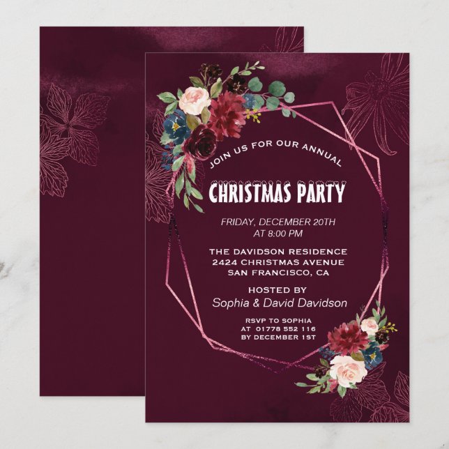 Elegantes Burgundy Floral Geometric Christmas Part Einladung (Vorne/Hinten)