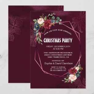 Elegantes Burgundy Floral Geometric Christmas Part Einladung