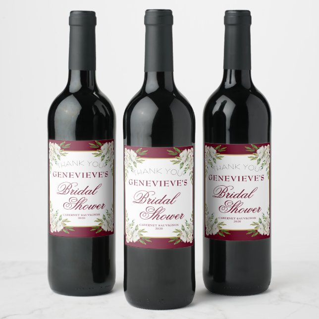 Elegantes Burgundy Floral Gold Brautparty Gefallen Weinetikett (Flaschen)