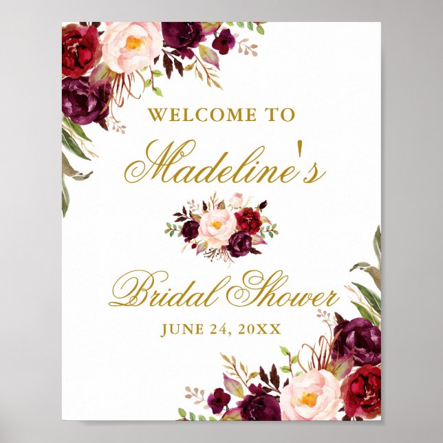 Elegantes Burgundy Floral Gold Brautparty Poster (Vorne)