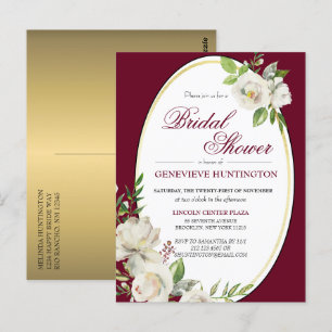 Elegantes Burgundy Floral Gold Brautparty Postkarte