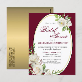 Elegantes Burgundy Floral Gold Brautparty Postkarte