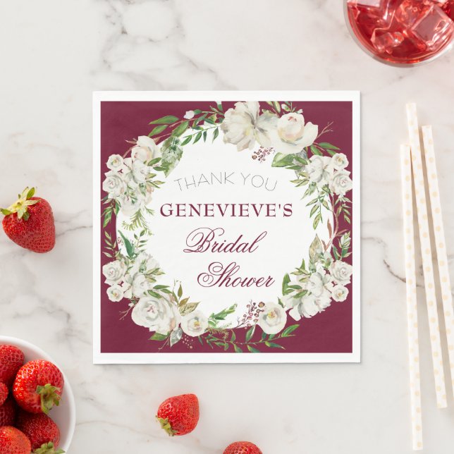 Elegantes Burgundy Floral Gold Brautparty Willkomm Serviette (Beispiel)