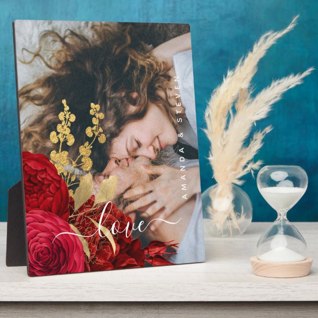 Elegantes Burgundy Floral Liebe Script Couple Foto Fotoplatte (Seite)