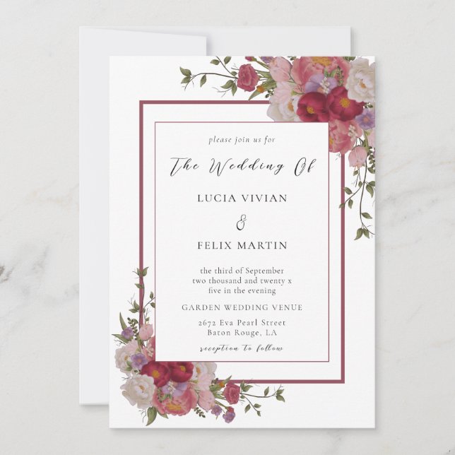 Elegantes Burgundy Floral QR Code Foto Hochzeit Einladung (Vorderseite)